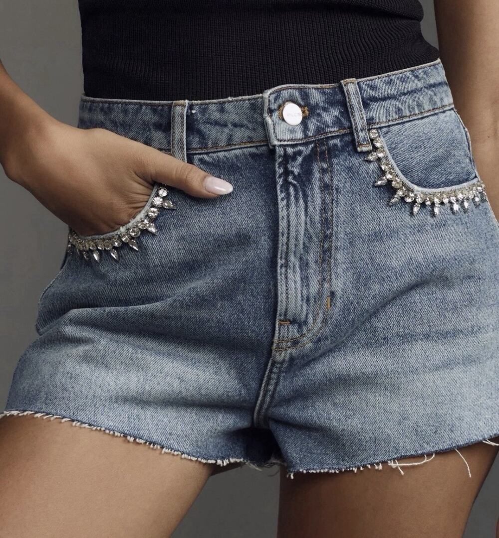 Anthropologie Pilcro Lover Cut-Off High Rise Denim Jean Shorts 27 Rhinestone